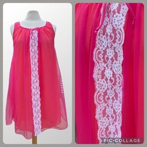 Vintage Babydoll nightgown Sheer overlay lace nightie 1960s 1970s Med Chiffon